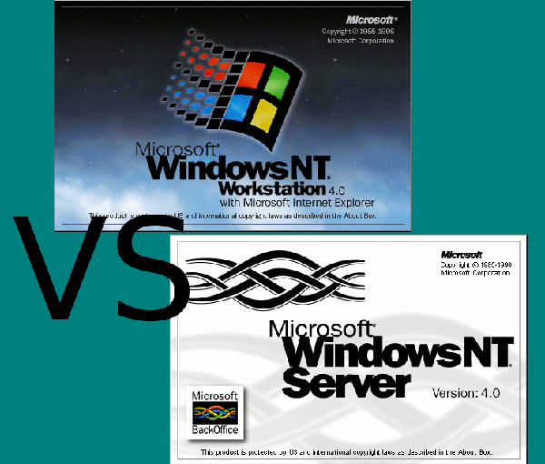 Jaquettes des deux versions de Windows NT 4.0 : Poste de travail, et Serveur