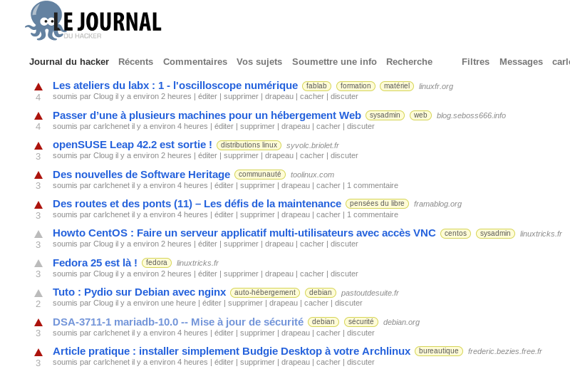 Le Journal du hacker, basé sur le moteur du site lobste.rs sous licence BSD.