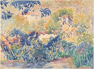 An abstract watercolor painting of a garden titled The Artist’s Garden at Saint-Clair by Henri-Edmond Cross