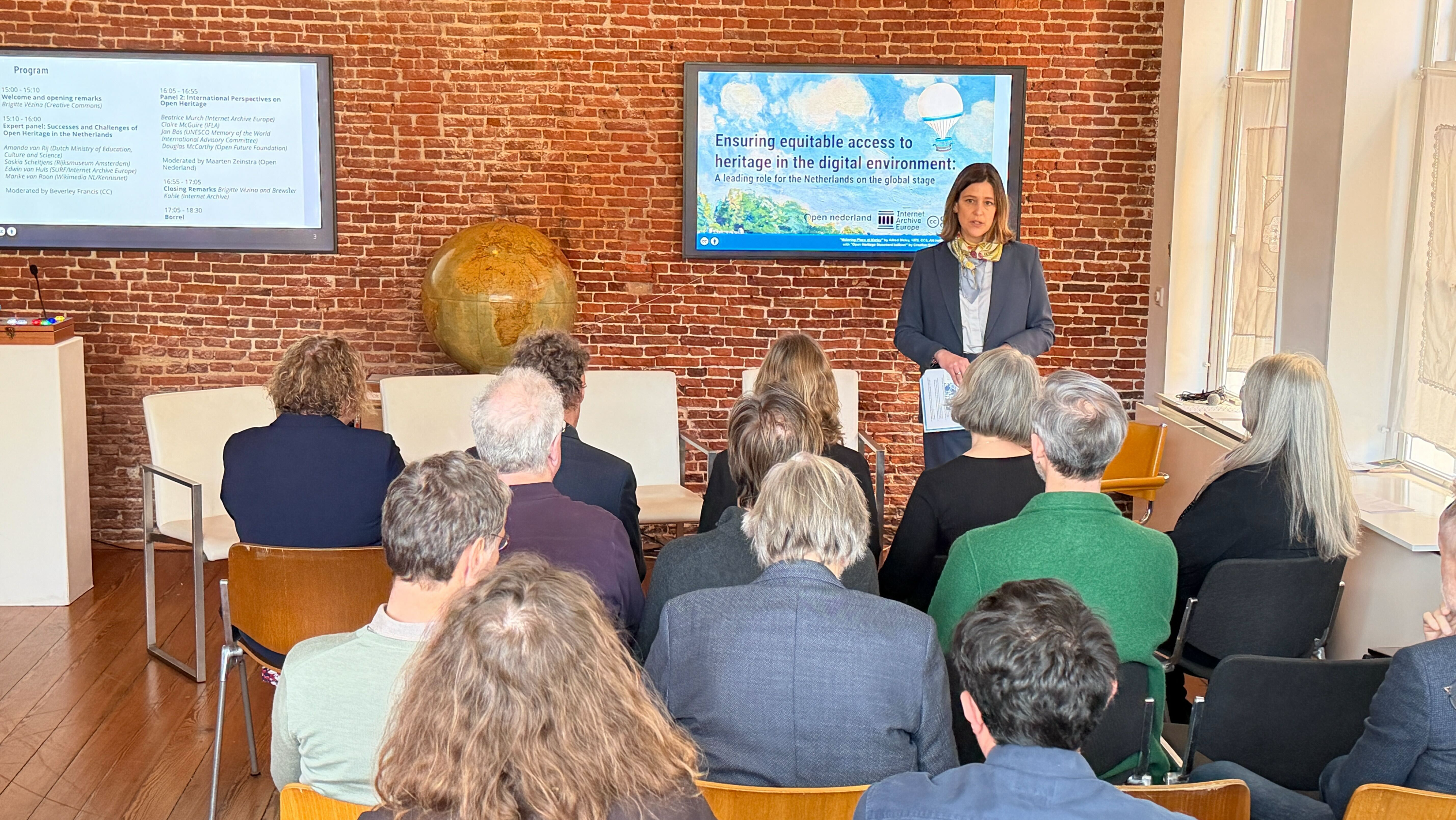 Brigitte Vézina gives welcoming remarks at an Open Heritage Statement event in Amsterdam in March 2026.