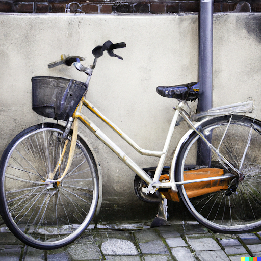 An image generated by the DALL-E 2 AI platform showing a slightly distorted yellowish-white bicycle with a basket, rear rack, and orange chain guard leaning against a brick building with a white stucco base near a gray standpipe.