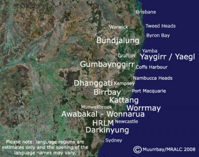 Map of the Many Rivers language region of NSW, Australia. Photo: Muurrbay Aboriginal Language and Culture Cooperative.