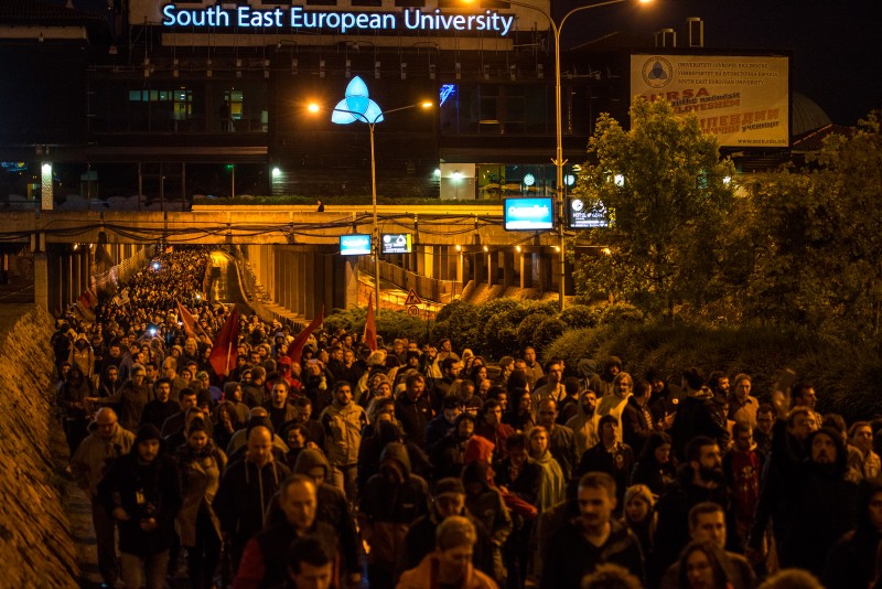 Protesters marching through an underpass in Skopje on April 25. Photo by Vančo Džambaski, CC BY-NC-SA.
