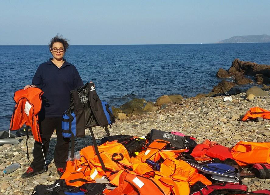Helen Zahos with lifejackets on Lesbos