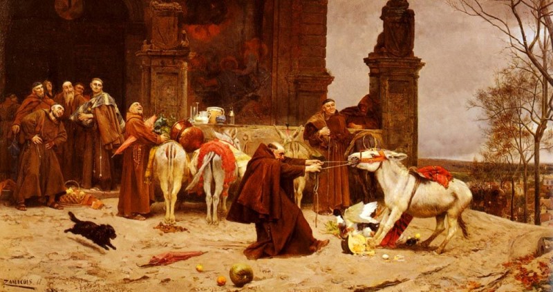 To illustrate schadenfreude -- pleasure derived from misfortune of others -- Wikipedia used the painting "Taming the Donkey," by Eduardo Zamacois y Zabala (1868), in which a group of monks laughs while the lone monk struggles with the donkey. (Public Domain).