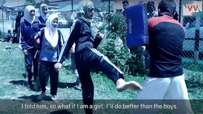 Girls practicing kickboxing in Kashmir.
