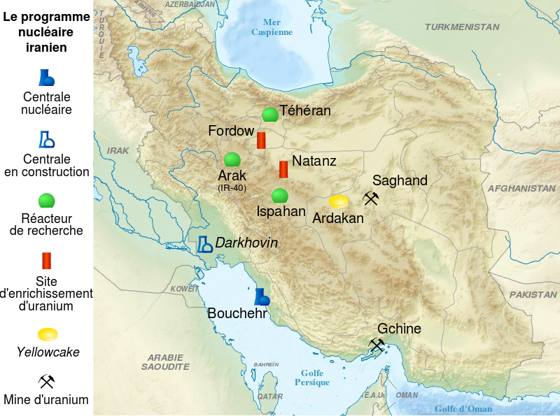  Carte des principaux sites du programme nucléaire iranien en 2012 via wikimedia CC -BY-3.0