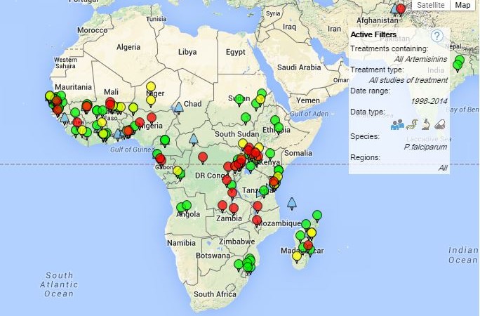 Screen Capture of Interactive Africa Map of Artemisinins data via WWARN  