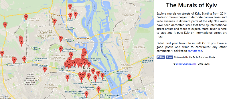 The online mural map shows a dense concentration of art in the city center. Image from kyivmural.com.