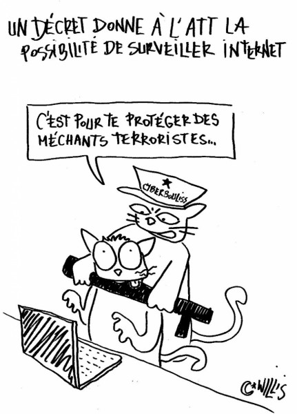 cartoon by Willis from Tunis: a cyber police officer tells an Internet user “This is to protect you from evil terrorists”.