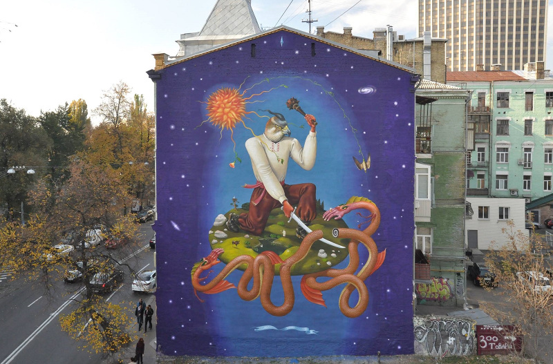 This recent mural by Ukrainian street art collective Interesni Kazki can also be found on the interactive map. Image from ilgorgo.com, CC-BY 3.0.