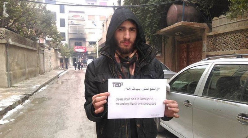 A Syrian from Ghouta sends a message against the celebration of TEDx in Damascus. Source: Kesh Malek's Facebook page