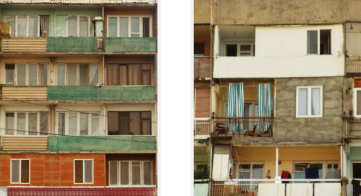 (Left) The façade of the soviet housing block. (Right) Left open or enclosed, balconies are still an important aspect of life at soviet social housing apartments. Photo by Sina Zekavat.