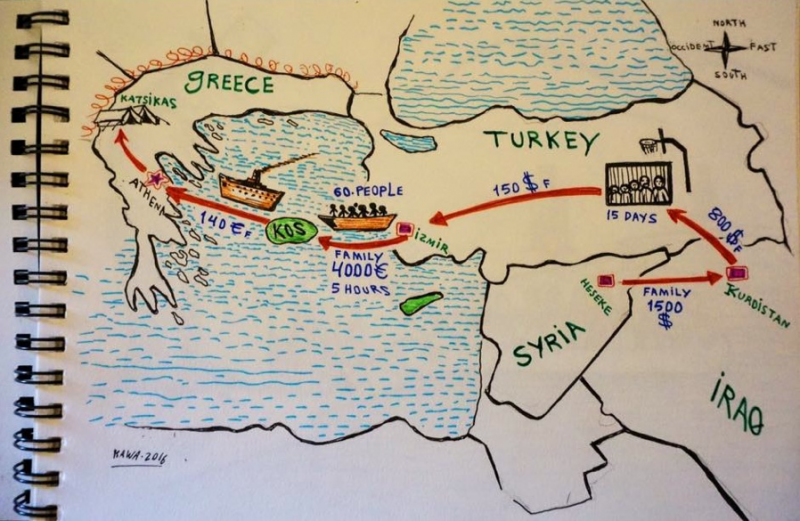 An illustration by a refugee living at Katsikas camp shows the details of his journey to Greece. Photo by Andrew Huang, drawing by Kawa. Used with permission. 