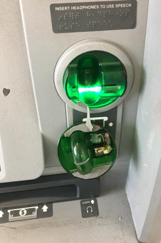 A skimmer overlay that c��#ame off an ATM at a 7-Eleven convenience store in Texas after a curious customer tugged on the card slot.
