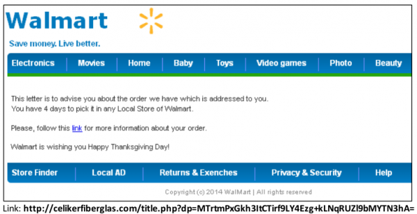 This Asprox malware email poses as a notice about a wayward package from a WalMart  order.
