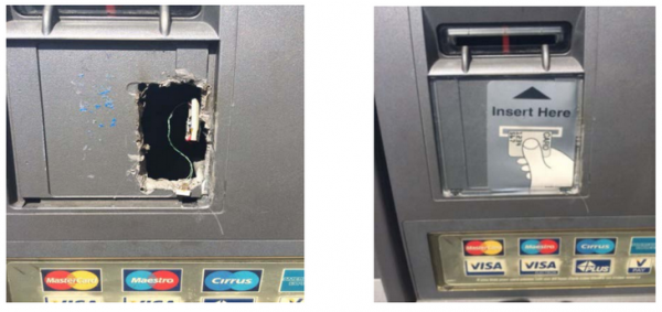 A hole left by crooks who added "wiretapping" or "eavesdropping" theft devices to a compromised ATM.
