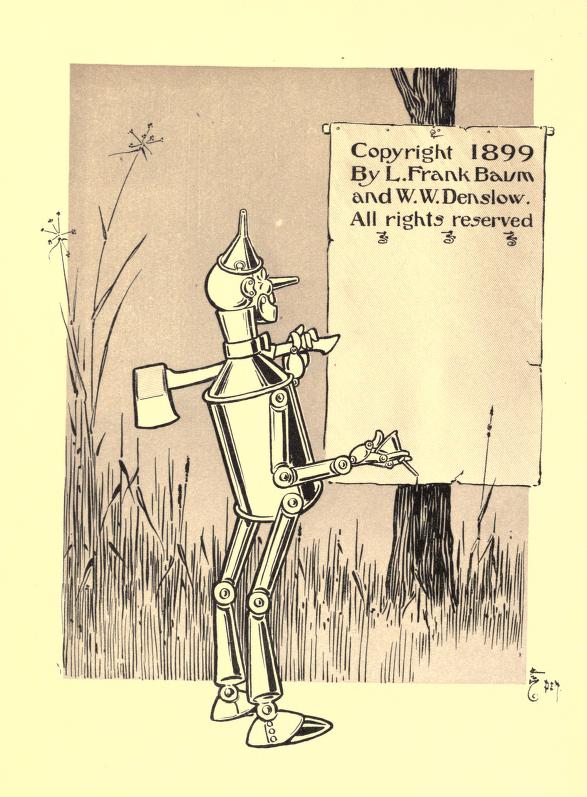 La superbe mention de copyright de la première édition du Magicien d'Oz de 1899. On remarque que L. Franck Baum a partagé son copyright avec l'illustrateur W. W. Denslow. Domaine public. Source : Internet Archive