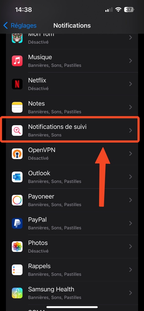 capture d'écran montre le menu notification de suivi sur iPhone