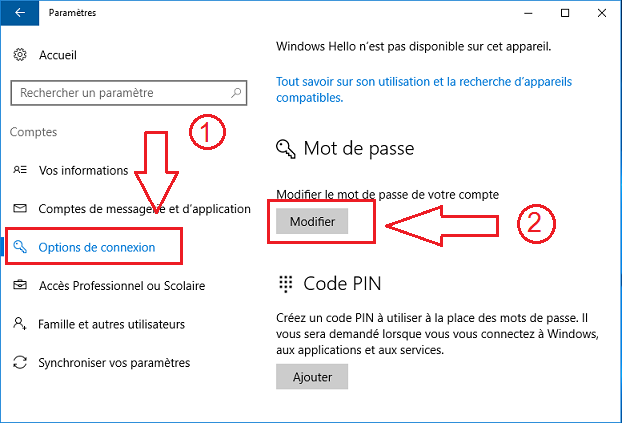 Options de connexion Windows 10