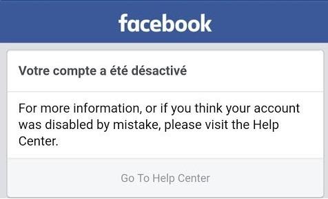 Message compte Facebook désactivé