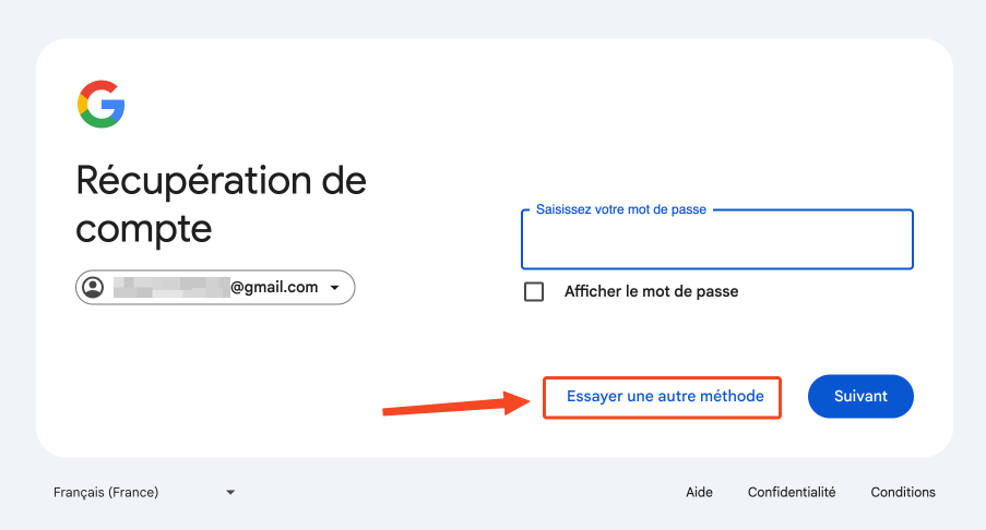 Capture écran montrant comment récupérer le mot de passe Gmail en cliquant sur Essayez une autre méthode