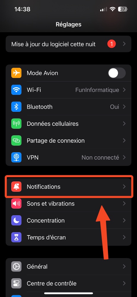 capture d'écran montrant le menu notifications dans réglages iPhone
