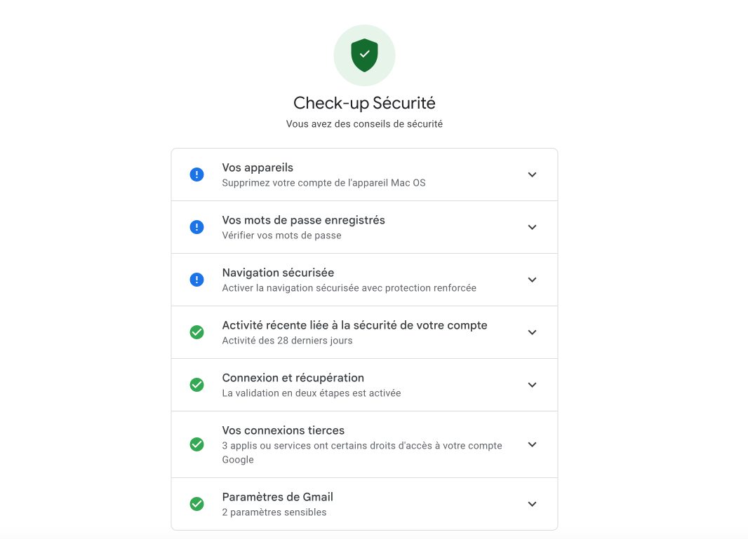 capture écran montrant Check-up Sécurité sur Compte Google
